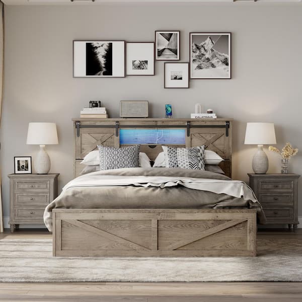 Girel Gray Metal Frame Queen Size Platform Bed with Storage Drawers and Sliding Barn Door Wooden Headboard