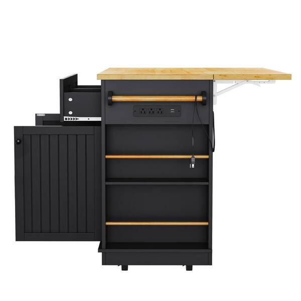 Polibi Black Wood 48 in. Kitchen Island with Drop Leaf, Power