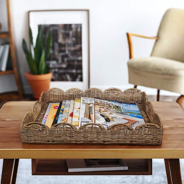 Scalloped 21.5 in. Southwestern Cottage Hand-Woven Rattan Tray with Handles, Natural