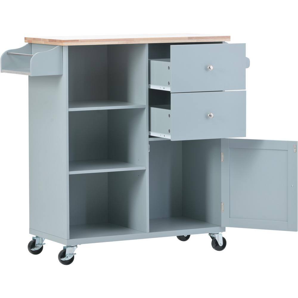 Zeus & Ruta 41.3 in. Grey Blue Rubber Wood Kitchen Cart on 4 Wheels ...