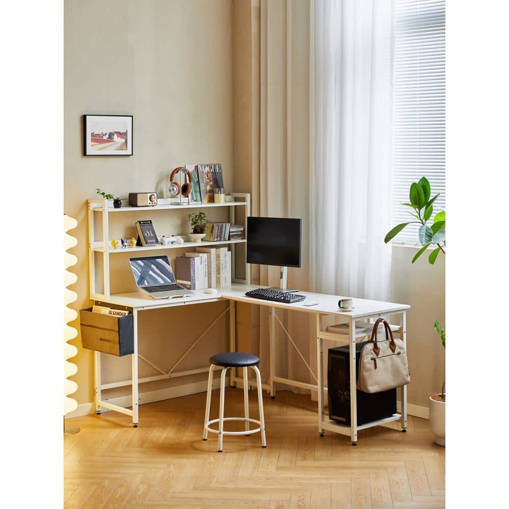 67 in. L shaped White MDF Computer Desk Home Office Desk Writing Table Corn