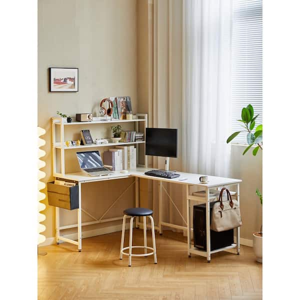 CSC DECOR INC 67 in. L shaped White MDF Computer Desk Home Office Desk Writing Table Corner Desk with Storage Shelves and Stool