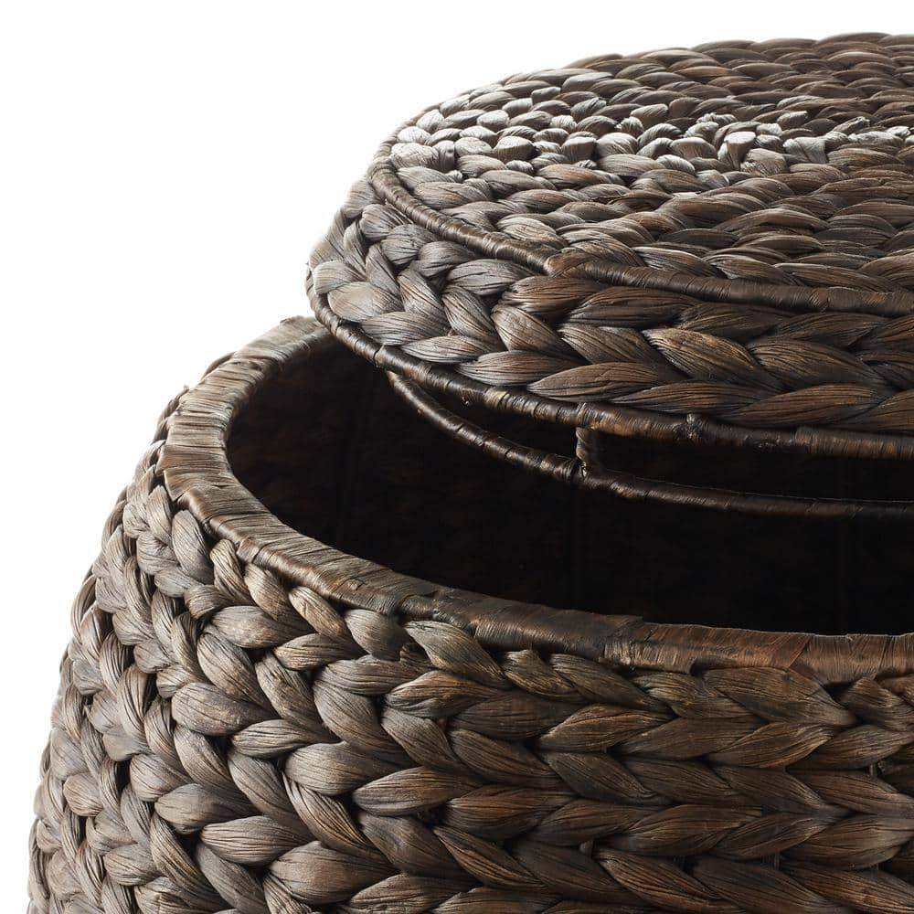 Espresso Round Handwoven Water Hyacinth Storage Basket with Lid