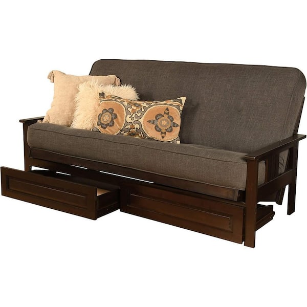 79 in. Espresso/Linen Charcoal Linen Upholstered Full Size Futon Set with Mattress and Storage Drawers