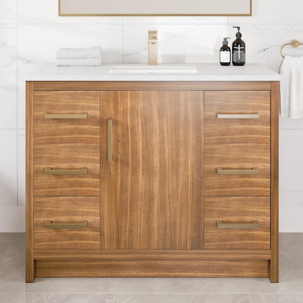 Curio 42 in. Single Sink Walnut Bath Vanity with White Carrara Quartz Top (Assembled)