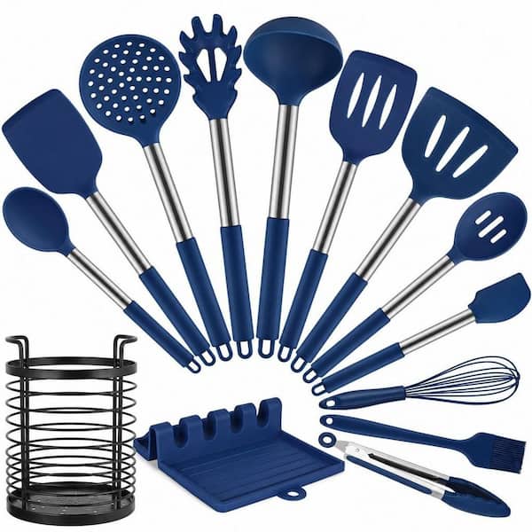 Blue Heat Resistant 14-Piece Silicone Kitchen Utensil Set, Non-Stick Cooking Tools with Storage Holder, Dishwasher Safe