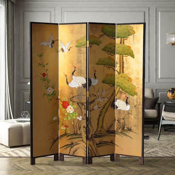 RED LANTERN 6 ft. Gold 4-Panel Cranes Room Divider L3