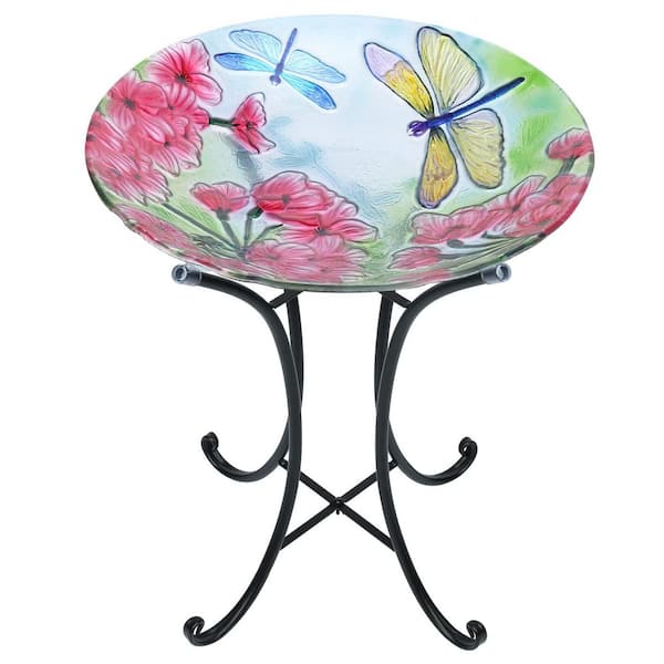 18 in. Dia Glass Bird Baths for Outdoors-Dragonfly Large Bird Bath Bowl with Metal Stand- Multi-Colored