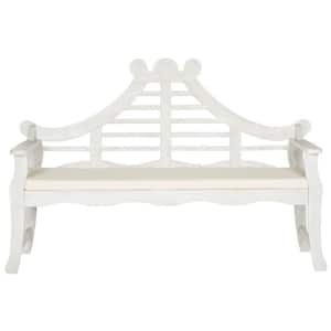 Azusa 62.8 in. 3-Person Antique White Acacia Wood Outdoor Bench with Beige Cushions
