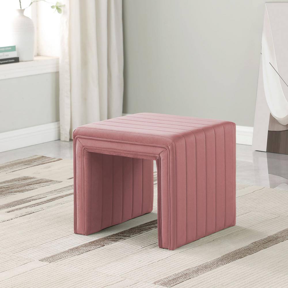 Velvet Tufted Rectangular Footstool in Blush Pink