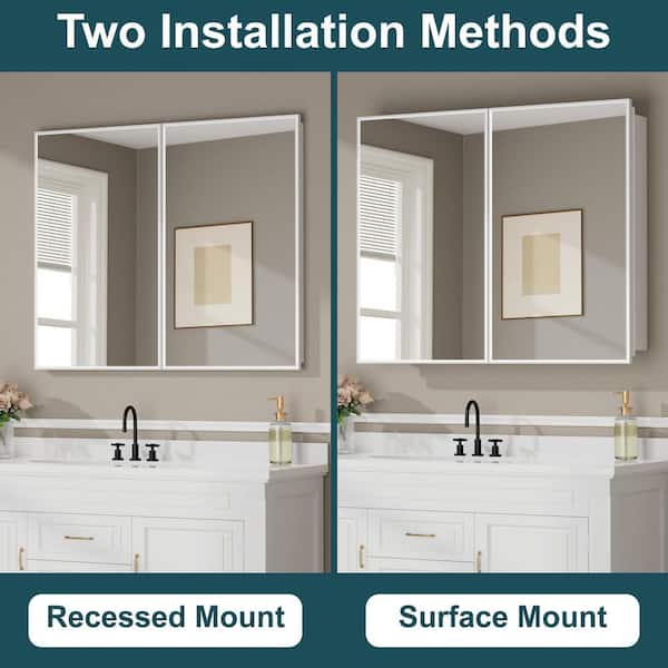 Zora 30 in. W x 30 in. H Rectangular Framed Medicine Cabinet with Mirror, Adjustable Shelves, Recessed/Wall Mount, White