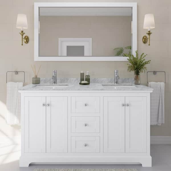 Wyndham Collection Avery 60 in. W x 22 in. D Bathroom Vanity in White with Marble Vanity Top in White Carrara with White Basins
