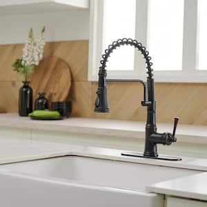 Single-Handle Pull-Down Sprayer 3 Spray High Arc Kitchen Faucet With Deck Plate in Matte Black