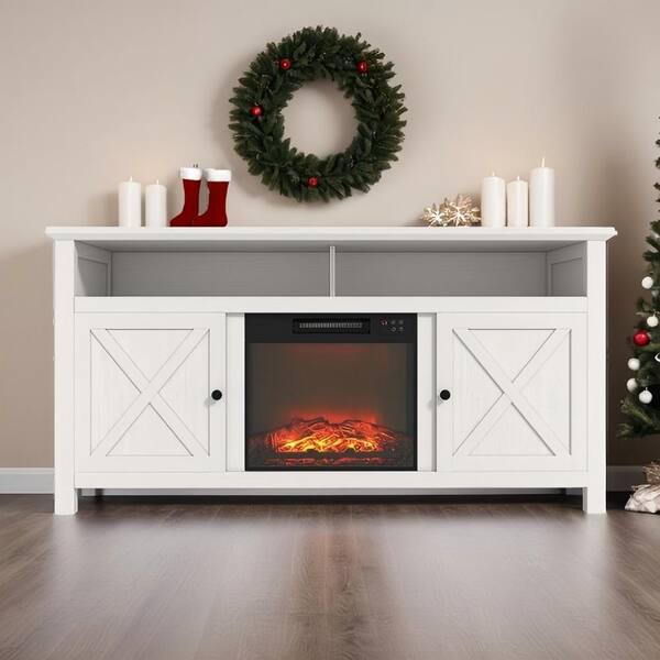 LUCKY ONE 58.22 in. TV Stand Fits TV's up to 70 in. with Fan-Forced Electric Fireplace in White