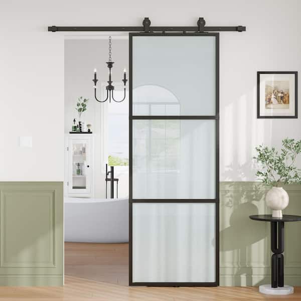 32 in. x 84 in. 3 Lite Frosted Glass Black Metal Frame Interior Sliding Barn Door with Hardware kit