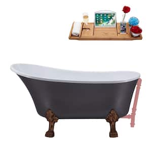 55 in. x 26.8 in. Acrylic Clawfoot Soaking Bathtub in Matte Grey with Matte Oil Rubbed Bronze Clawfeet and Pink Drain
