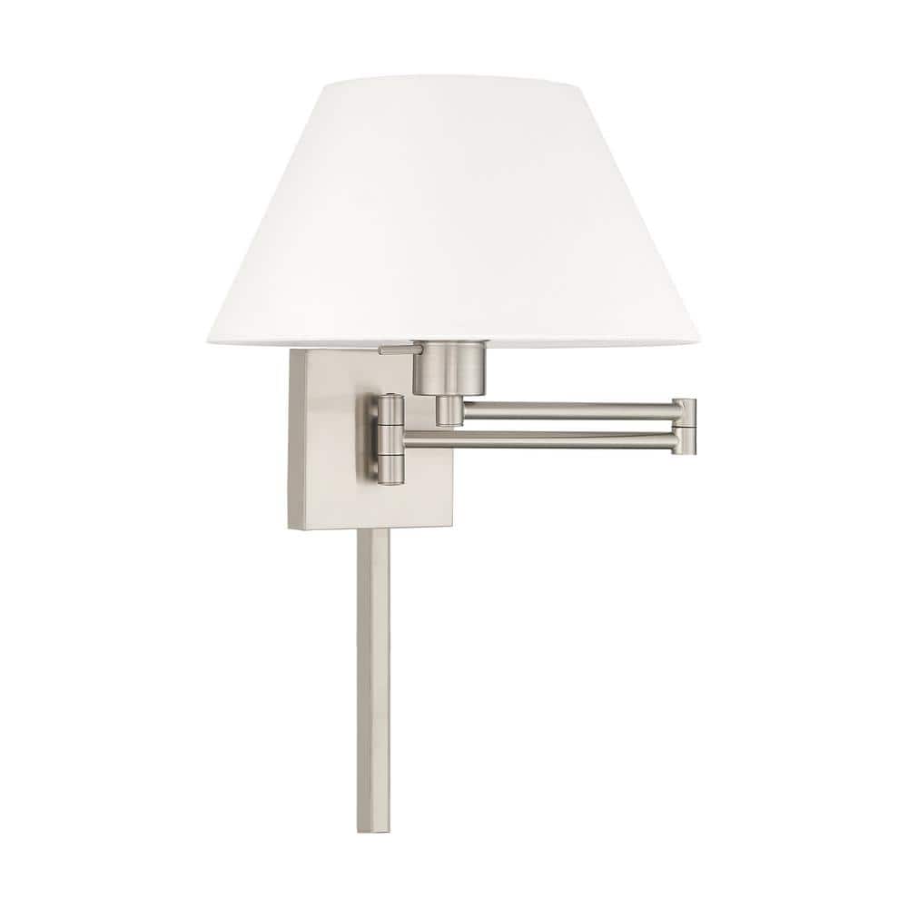Brushed Nickel Swing Arm Wall Lamp with Off-White Fabric Shade