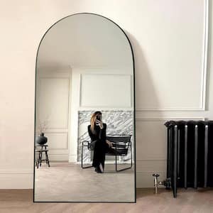 28 in. W x 71 in. H Classic Arched Wood Full Length Mirror Black Wall Mounted Standing Mirror Floor Mirror