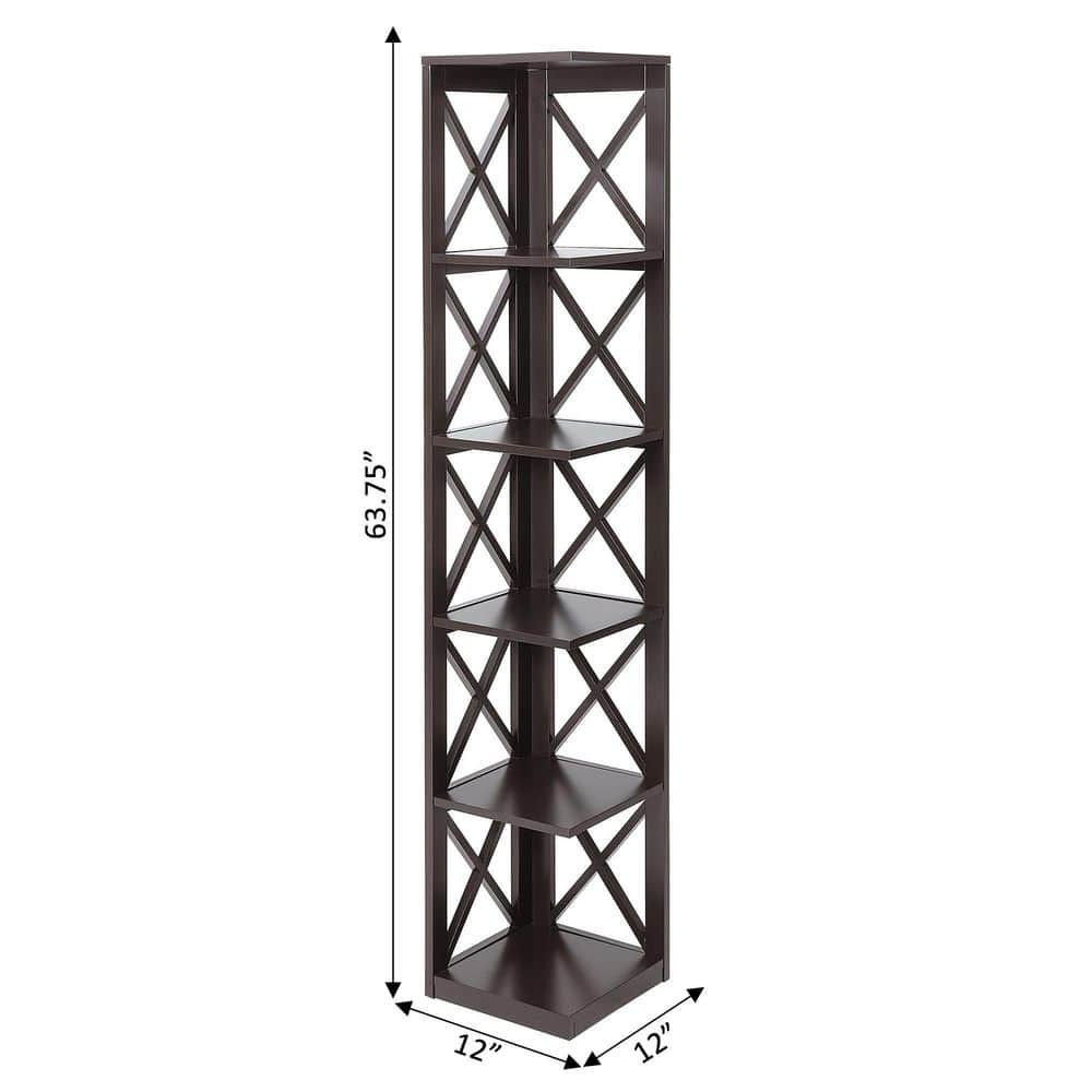 Espresso 5-Tier Corner Bookcase with Crossed X Design