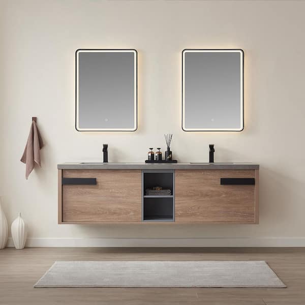ROSWELL Carcastillo 72 in.W x 22 in.D x 21 in.H Double Sink Bath Vanity in N.American Oak with Grey Natural Stone Top and Mirror