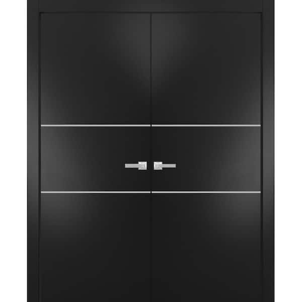 48 in. x 96 in. 2 Panel Black Matte Finished Solid Wood with Honeycomb Sliding Door with Hardware