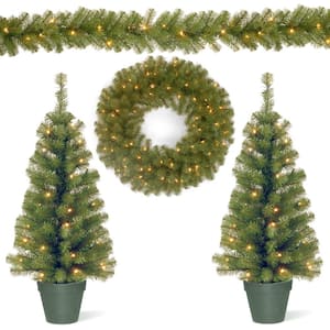 Promotional Assortment with 2 - 3 ft. Pre-Lit Entrance Trees, 9 ft. Pre-Lit Garland and 24 in. Pre-Lit Wreath
