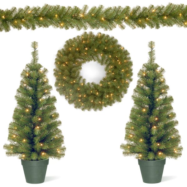 National Tree Company Promotional Assortment with 2 - 3 ft. Pre-Lit Entrance Trees, 9 ft. Pre-Lit Garland and 24 in. Pre-Lit Wreath