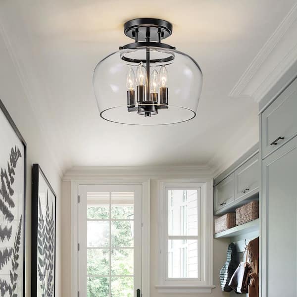 Kost 13.2 in. 4-Light Black Semi-Flush Mount with Clear Glass Shade