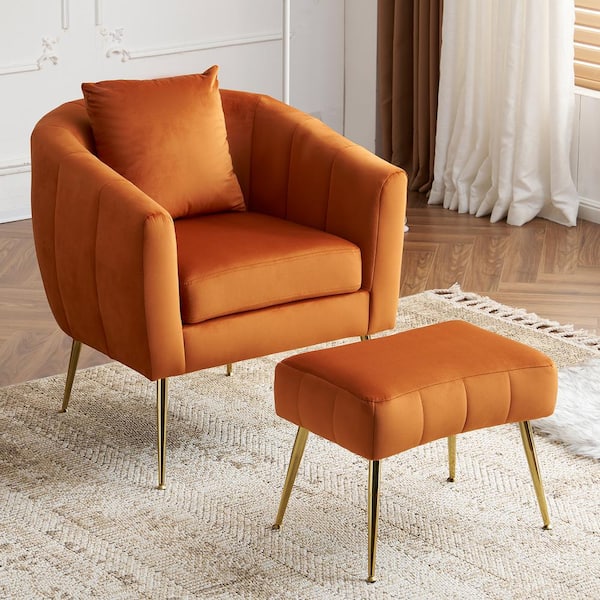 Winado Orange Velvet Barrel Chair with Ottoman
