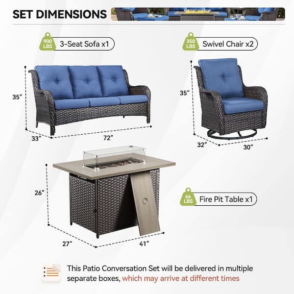 4-Piece Brown Wicker Fire Pit Conversation Set with Olefin Blue Cushions and 2 Swivel Glider Chairs and Couch