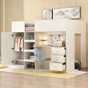 Beige Wood Frame Full Size Loft Bed with Built-in Wardrobe, Desk, Storage Shelves, Drawers