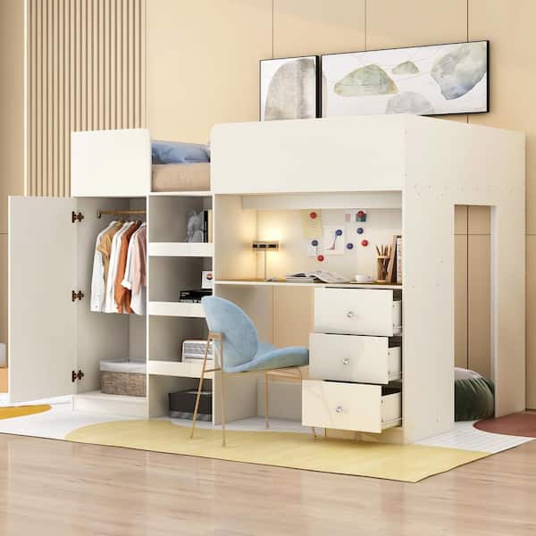 Harper & Bright Designs Beige Wood Frame Full Size Loft Bed with Built-in Wardrobe, Desk, Storage Shelves, Drawers