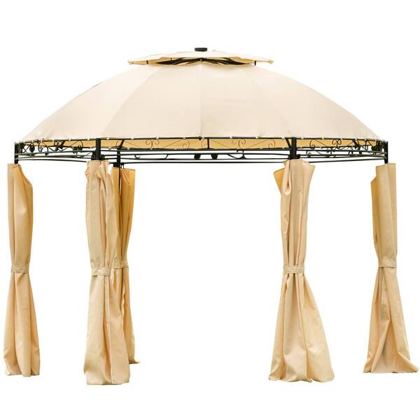 Unbranded 11.42 ft. x 11.42 ft. Beige Outdoor Gazebo Steel Fabric Round Soft Top Gazebo with Removable Curtains