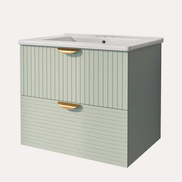 24 in. W x 18 in. D x 23 in. H Single Floating Bath Vanity in Green with White Ceramic Top and 2 Storage Drawers