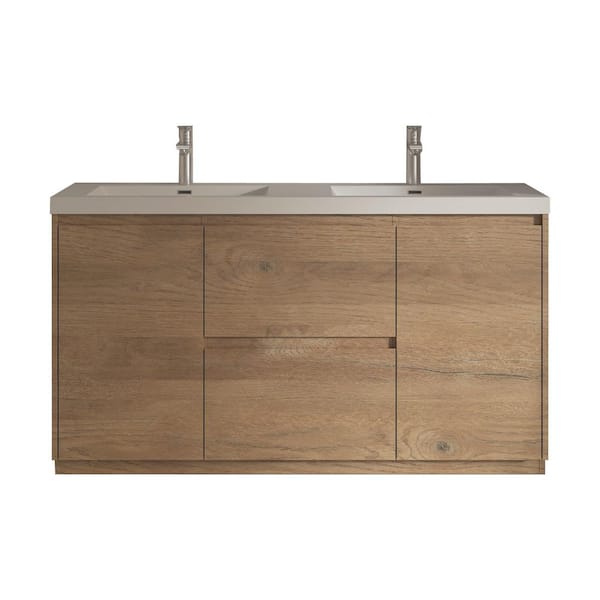 Angela-T 60 in. Double Natural Oak Bath Vanity Free Standing Vanities with Gloss White Resin Stone Top 2-Drawers 2-Doors