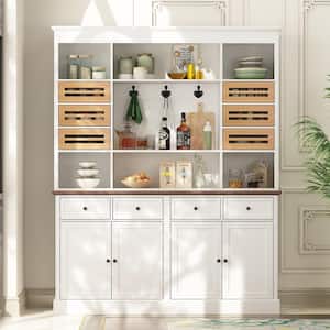 White Painted Wooden 63 in. W Sideboard and Hutch Kitchen Cabinet with Hooks and Adjustable Shelves, Drawers