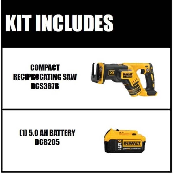 DEWALT 20V MAX XR Cordless Brushless Compact Reciprocating Saw and (1) 20V  5.0Ah Battery DCS367BW205 The Home Depot