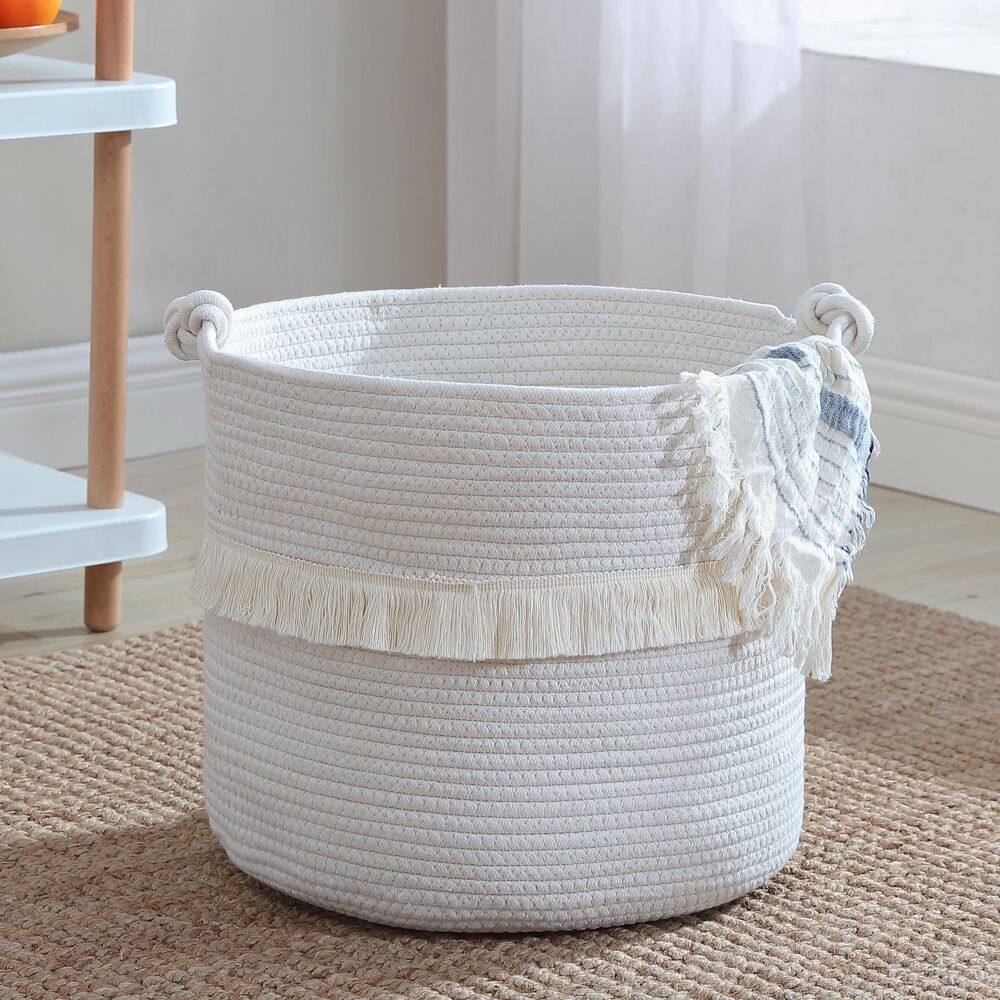 Woven Storage Basket Cotton Rope Basket with Handles #BEIGE