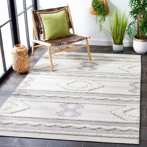Cottage Ivory/Light Gray 7 ft. x 7 ft. High-Low Geometric Indoor/Outdoor Square Area Rug