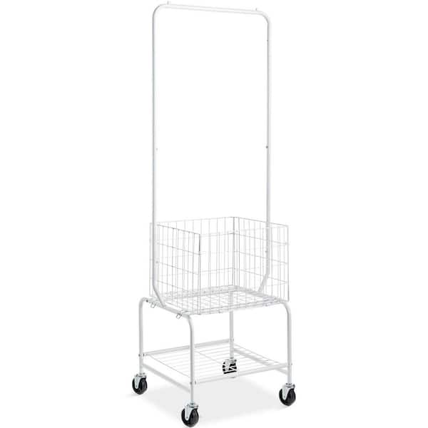 Metal Rolling Laundry Basket with Hanging Garment Rack, Height Adjustment Laundry Hamper Cart White Kitchen Cart