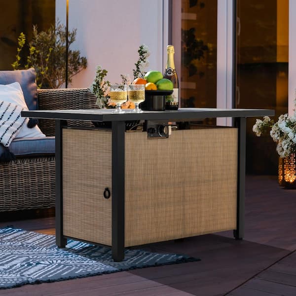 Nuu Garden 43 in. x 25 in. Rectangle Textilene and Metal Propane Gas Light Brown Fire Pit Table with Lid and Glass Beads