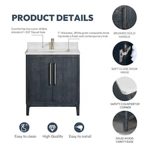 Gara 30 in. W x 22 in. D x 33.9 in. H Single Sink Bath Vanity in Blue with White Grain Composite Stone Top and Mirror