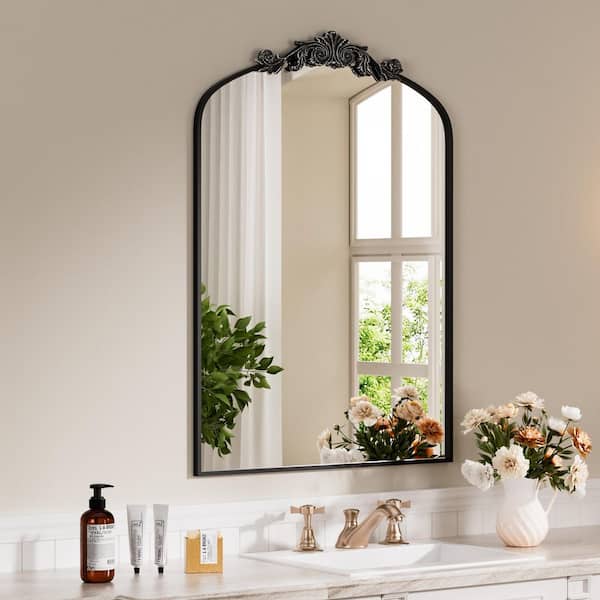 30 in W x 40 in. H Arched Black Framed with Carved Decoration Antique Vanity Wall Mirror