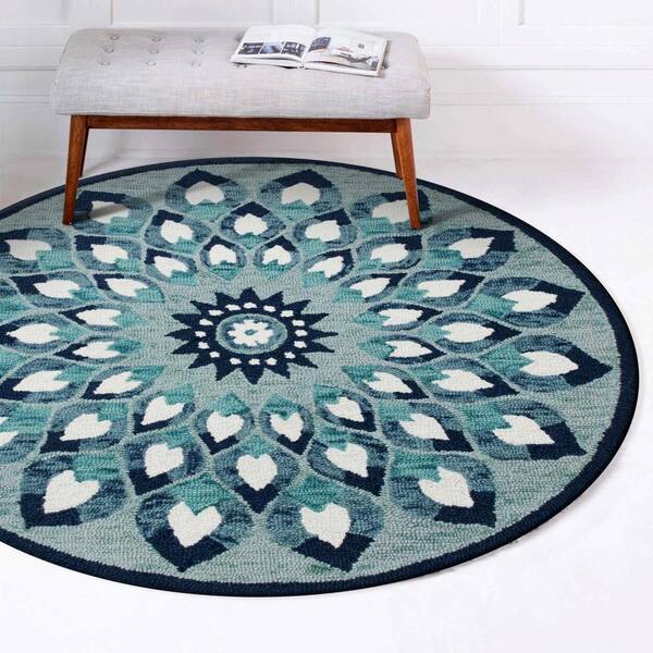 Teal 4 Ft Round Feathering Fl Wool, 4 Ft Round Wool Rugs