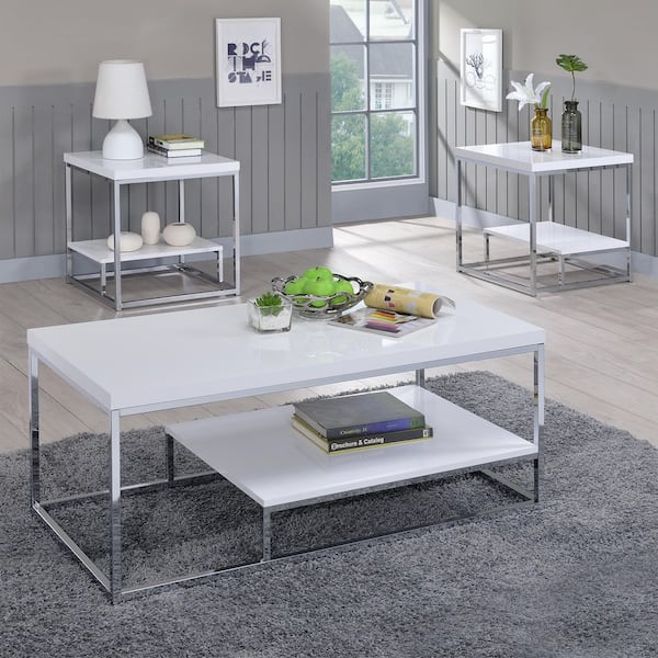 Lucia 47 in. White Wood Rectangle Coffee Table and 2 End Tables