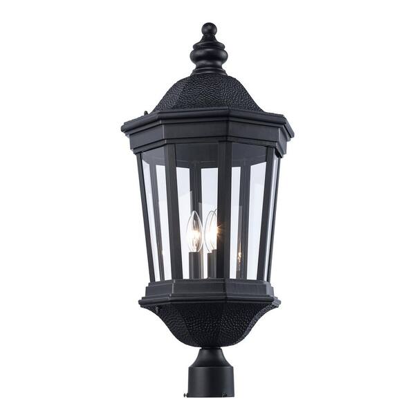 3-Light Black Outdoor Post Mount Fixture with Clear Beveled Glass Shade