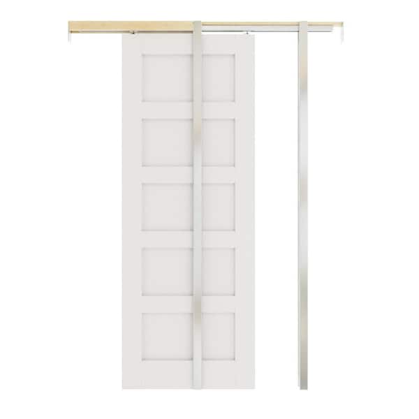 ARK DESIGN 32 in. x 80 in. White Primed 5-Panel Wood Sliding Pocket Door with Steel Door Frame and Hardware (Soft Close Included)
