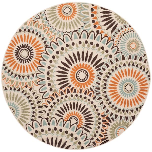 SAFAVIEH Veranda Cream/Chocolate 8 ft. x 8 ft. Floral Geometric Indoor/Outdoor Patio  Round Area Rug