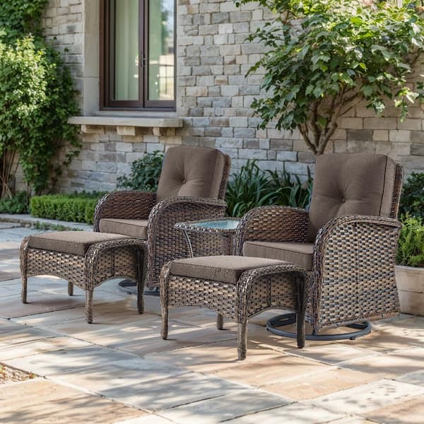SleekArm 5-Piece Brown Wicker Outdoor Rocking Chair with Olefin Gray Cushions Patio Swivel Chairs and Ottomans