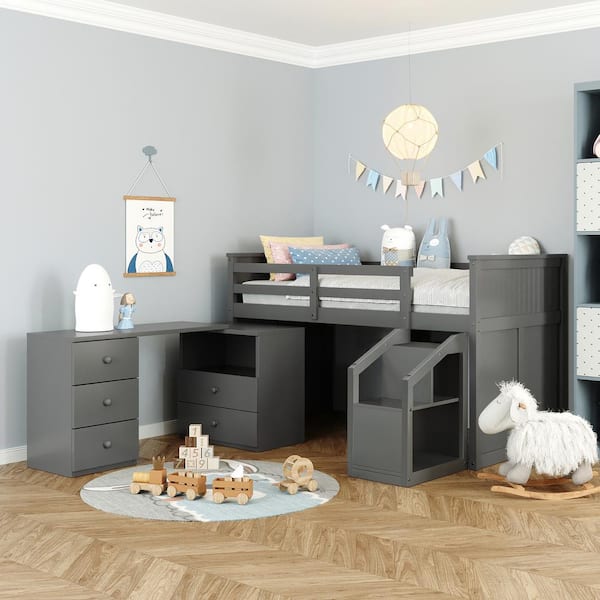 Qualler Gray Twin Size Low Loft Bed with Storage Steps and Portable Desk